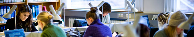 Studerende kan ses siddende ved læsepladser på et bibliotek ved Aarhus BSS