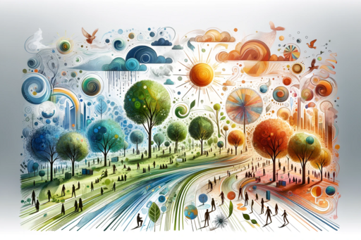 An abstract panoramic representation of future nature showcasing stylized trees, abstract human figures and elements symbolizing climate change
