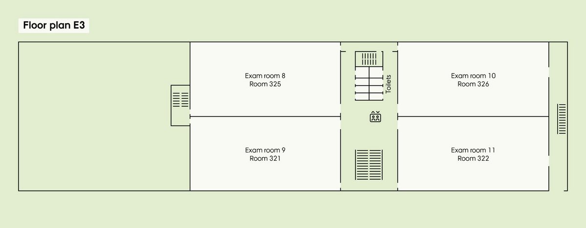 Overview of the third floor of the Exam House, which includes exam room 8 (room 325), exam room 9 (room 321), exam room 10 (room 326) and exam room 11 (room 327). The floor also includes toilets and an elevator.
