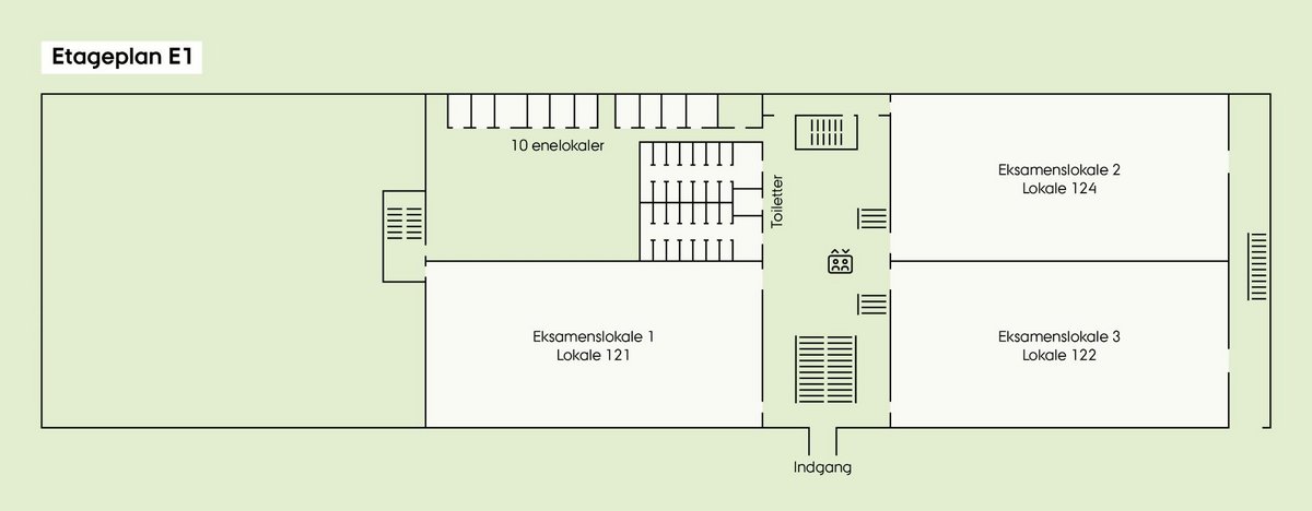 Oversigt over nederste etage - etageplan E1 - i Eksamenshuset med angivelse af de 10 enelokaler og eksamenslokale 1(lokalenummer 121), eksamenslokale 2 (lokalenummer 124), eksamenslokale 3 (lokale 122). På etagen findes også toiletter og elevator.