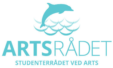 ARTSrådets logo: en lyseblå delfin hopper over lyseblå bølger. Under står der ARTSRÅDET over STUDENTERRÅDET PÅ ARTS
