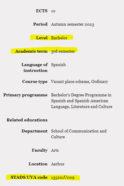 Example of infobox from the AU Course Catalogue